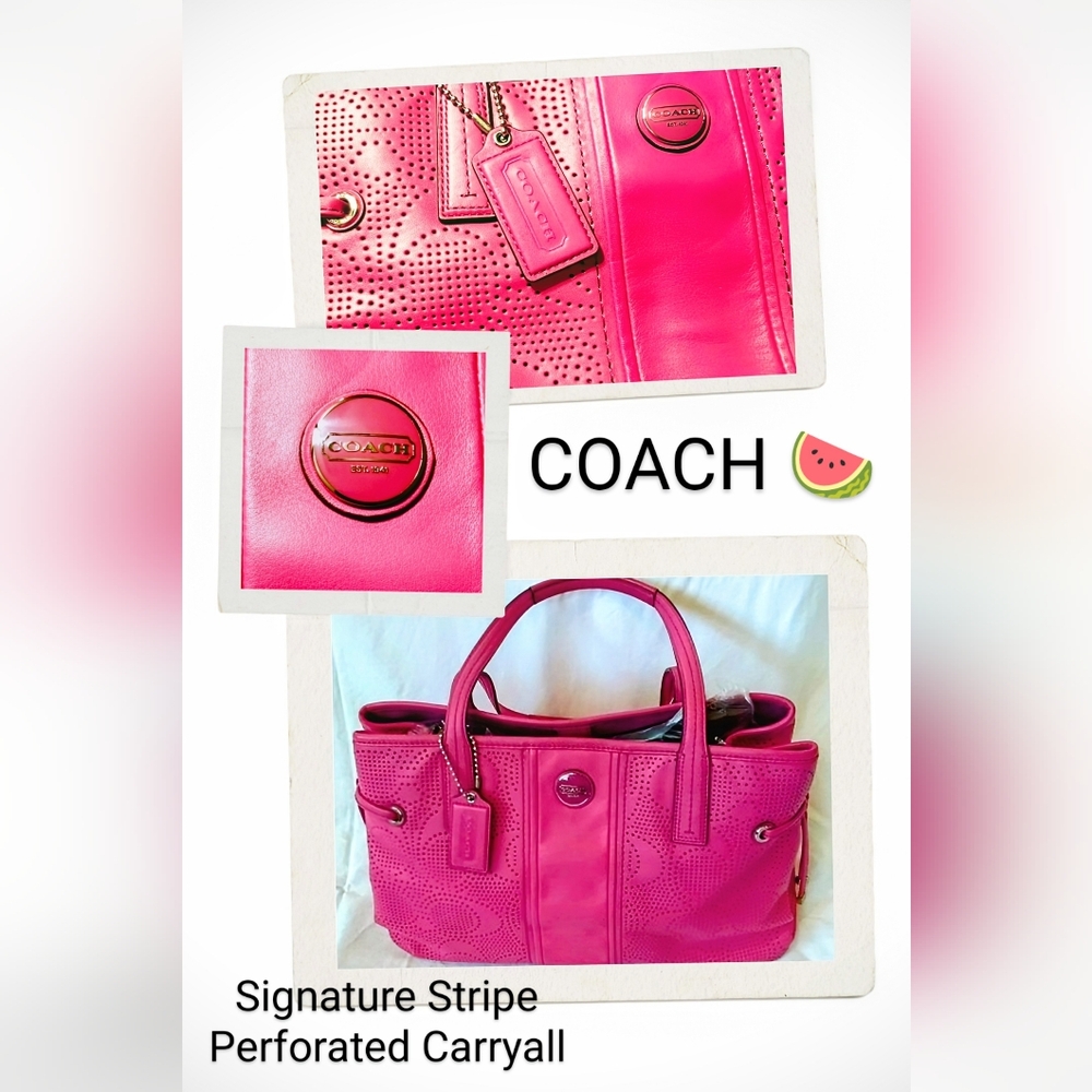 Coach, NWOT, Signature Stripe Perforated Carryall, Watermelon Pink 🍉